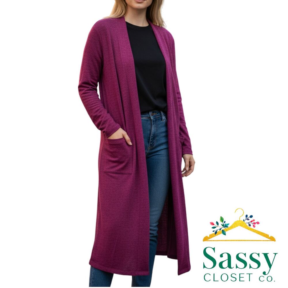 ✨ TOMMY HILFIGER Fuschia Heather Open Front Long Cardigan Pockets XL EUC 💖